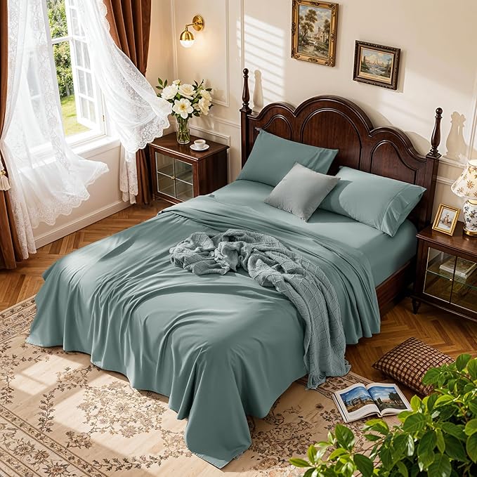 LBRO2M 1000 Thread Count 100% Egyptian Cotton Sheets Set Queen Size, 4 Piece Sets Bed Sheet Deep Pocket Sheet Set 16" Soft Comfortable All Season (Queen, Sage Green)
