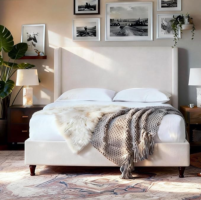 Harper 54" Extra-Tall Headboard Bed Frame - Modern Wingback Upholstered Platform Bed, 1000lbs Heavy Duty Support, Textured Chenille, No Box Spring Needed (Cream White King U.S. Standard)