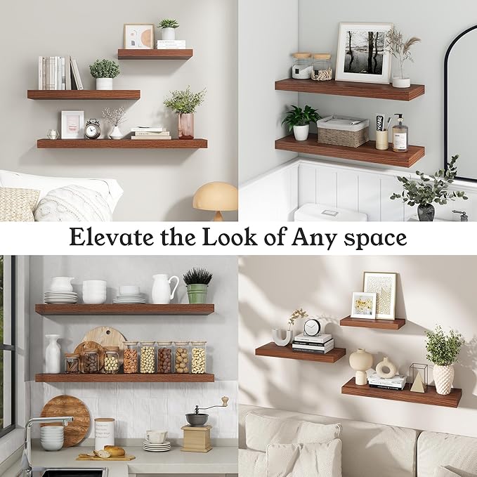 Floating Shelves for Wall, 7.9" Deep Wall Mounted Wood Shelves for Bathroom, Bedroom, Living Room, Kitchen, Hanging Shelf for Books/Storage/Room Decor (Walnut, 16")