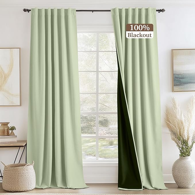 RYB HOME Velvet Chenille Window Curtains 100 inches Long, Thick Blackout Thermal Insulated Vertical Luxury Drapes for Bedroom Nursery Living Room, 52 Width 2 Panels, Sage Green