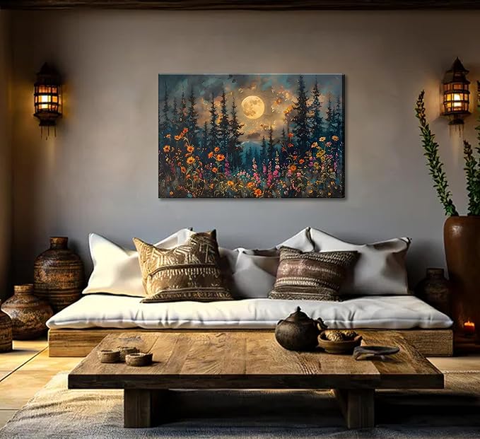 Full Moon Forest Canvas Wall Art Moonlit Pine Tree Mountains and Wildflowers Woodland Nature Landscape Picture Wall Decor Poster Print Artwork for Bedroom Living Room Home Decoration