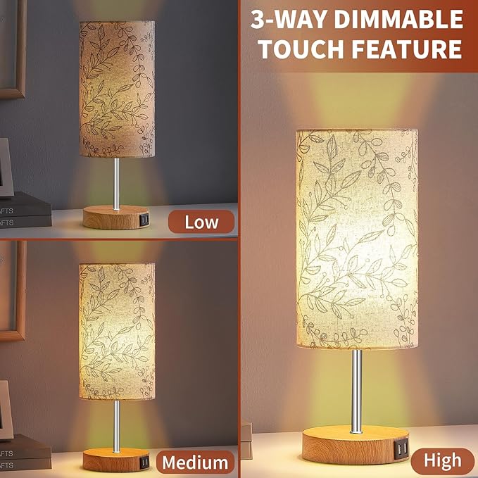 Bedside Touch Lamp, Wood Small Table lamp for Bedroom with 2 USB Charging Ports & Flower Fabric Shade, 3-Way Dimmable Nightstand Lamps for Living Room Office Reading Desk Home Dorm(LED Bulb Included)