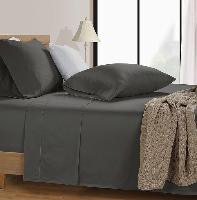 LANE LINEN Queen Size Bed Sheets Set – 600 Thread Count 100% Natural Cotton Cooling Sheets, Hotel Luxury Soft Sateen Finish, Snug Fit 15" Deep Pocket Elasticized Fitted Sheet – Charcoal