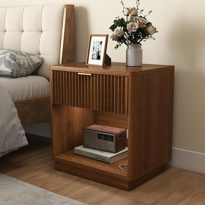 Miereirl Fluted Nightstand with Charging Station, Wood Mid Century Modern Night Stands Storage Cabinet for Bedside Table with Metal Handle Drawers, Walnut Oak