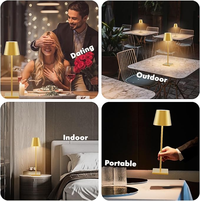 2-Pack LED Cordless Table Lamp 3W 5500mAh Rechargeable Battery Operated Stepless Dimmable Portable Lamp for Restaurant, Bedroom, Outdoor (Gold)