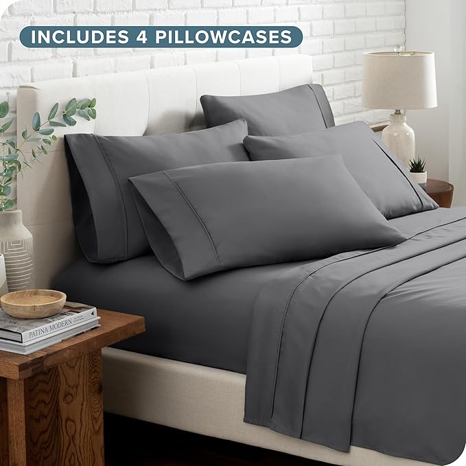 Bare Home Hotel Luxury Full XL Sheet Set, Extra Soft - 6 Piece Set - Deep Pockets - Easy Fit - Cooling & Breathable - Wrinkle, Fade, Stain Resistant - Includes 4 Pillowcases (Full XL, Grey)