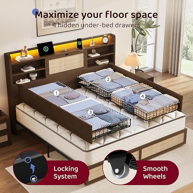 King Size Rattan Bed Frame with 4 Storage Drawers and Hidden Storage Headboard Wooden Platform Bed Frame with LED Lights and Charging Station, No Box Spring Needed, Easy Assembly, Brown