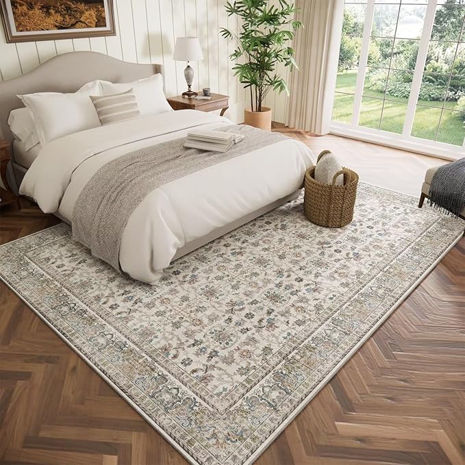 Washable 6x9 Area Rugs for Living Room, Boho Non-Slip Vintage Distress Large Rugs for Bedroom Dining Room Nursery Office, 0.3" Neutral Oriental Throw Thin Carpet, Cream/Blue/Orange/Multi