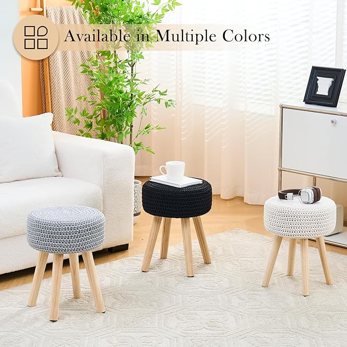 LGENHOOM Cotton Knitted Ottoman Round Footstool Vanity Stool Modern Stool Ottoman Footrest Stool with Non-Skid Wood Legs for Living Room Bedroom White