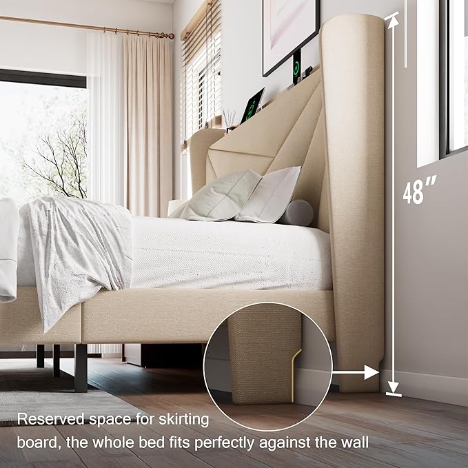 Full Size Upholstered Bed Frame with Charging Station, Platform Bed Frame with Storage Headboard, Solid Wood Slats Support, No Box Spring Needed, Beige