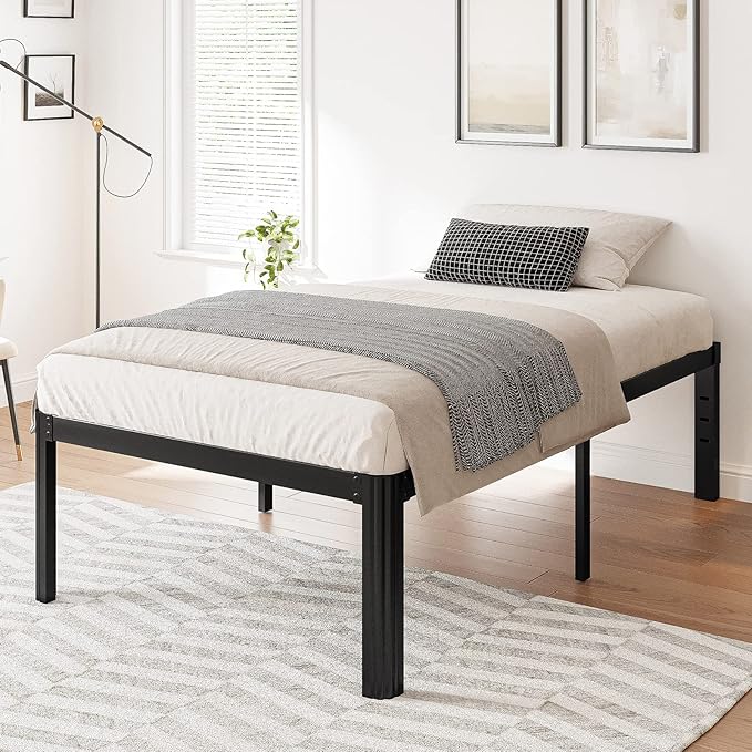 Hunlostten 18in Twin XL Heavy Duty Bed Frame No Box Spring Needed, Tall Metal Twin XL Platform Bed Frame with Round Corners, Easy Assembly, Noise Free, Black