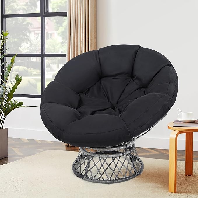 46" Giant Oversized Rattan Papasan Chair with Cushion and Frame for Adults, Fluid 360° Swivel, Waterproof, Grey Frame with Black Cushion