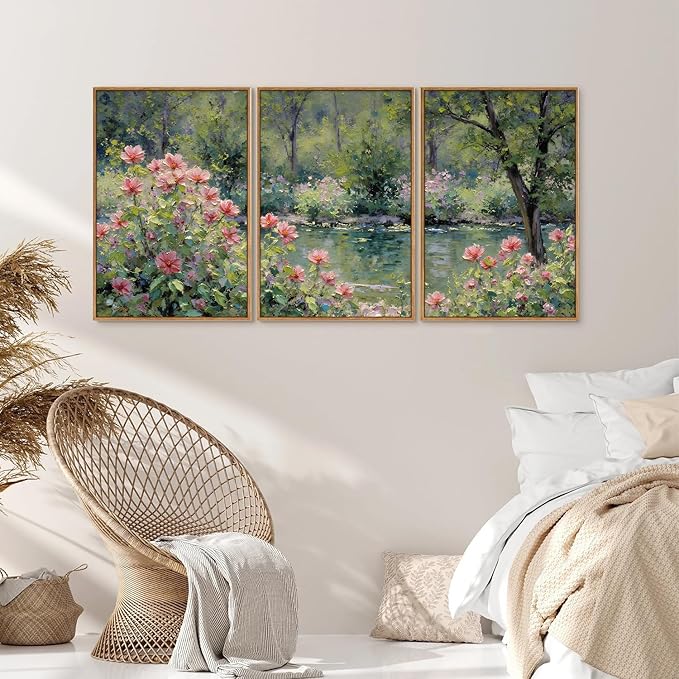 Yeehomedec Monet Anthropologie Framed Canvas Wall Art Set, Impressionist Floral Garden Wall Decor, Vintage Flowers Pond Trees Artwork, Nature Landscape Art Paintings for Living Room Bedroom Bathroom 16"x24"x3