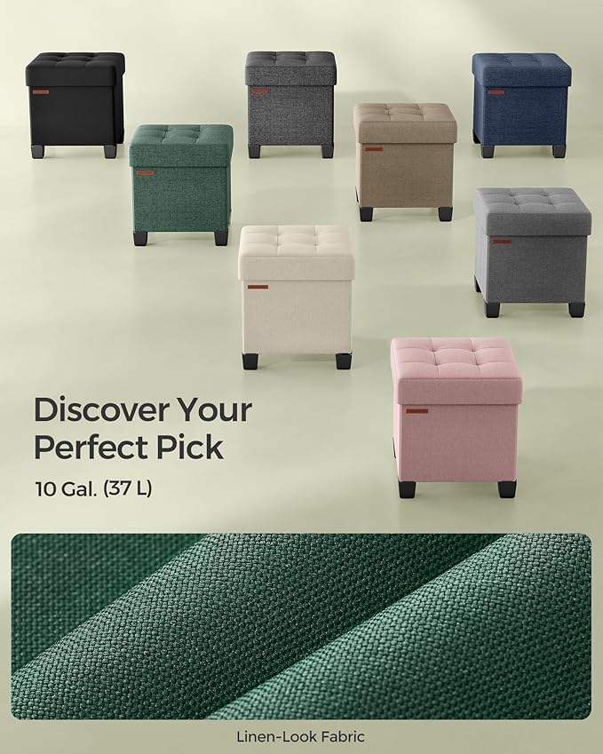 SONGMICS Storage Ottoman, Small Ottoman Foot Rest with Legs, 15 x 15 x 15.7 Inches Foot Stool, Load up to 660 lb, for Living Room, Bedroom, Dorm, Retro Green ULSF014C01