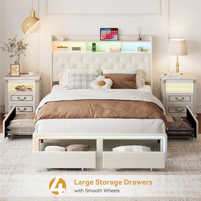 Full LED Bed Frame with Storage Headboard & Charging Station, Velvet Fabric Platform Bed Frames with 4 Drawers, Button Tufted Upholstered, No Box Spring Needed, Beige