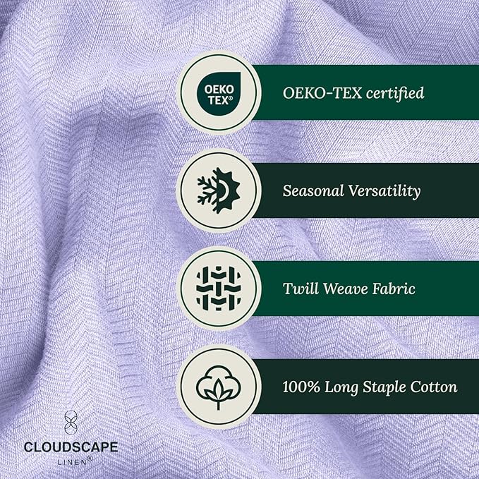 Cloud Scape Linen 100% Cotton Blanket 92x92 Lavender Blue - Cozy Herringbone Weave, Fits Up to for Full Size Beds, Breathable Softness, All-Season Warmth, Winter Blanket, for Women