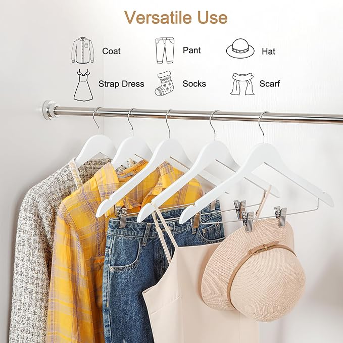 TOPIA HANGER Wooden Suit Hangers with Adjustable Metal Clips (20 Pack), Solid Smooth Wood Clothes Hangers, 360° Swivel Hook, Premium Pants Hangers for Clothes Coat, Jeans, Blouse-White,CT28W20