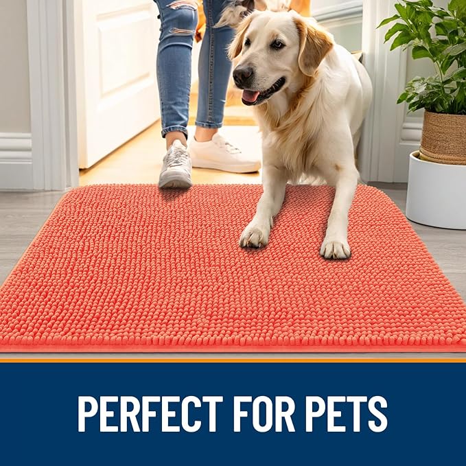 OLANLY Dog Door Mat for Muddy Paws 59x20, Absorbs Moisture and Dirt, Absorbent Non-Slip Washable Doormat, Quick Dry Chenille Mud Mat for Dogs, Entry Indoor Entryway Carpet for Inside Floor, Coral