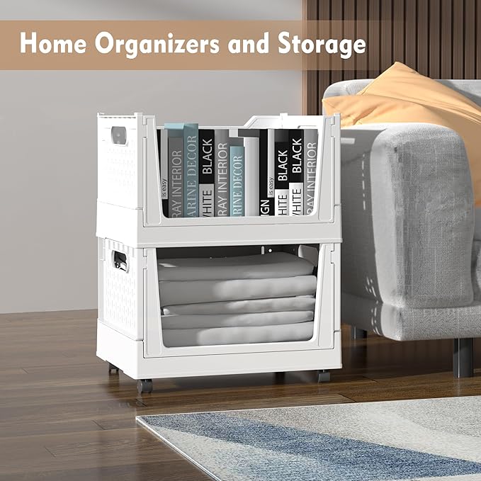 Stackable Plastic Storage Basket, 3 Pack Foldable Closet Organizers and Storage Bins with Wheels, Collapsible Drawer Shelf Storage Box Container for Office Bedroom Closet Wardrobe Kitchen Bathroom