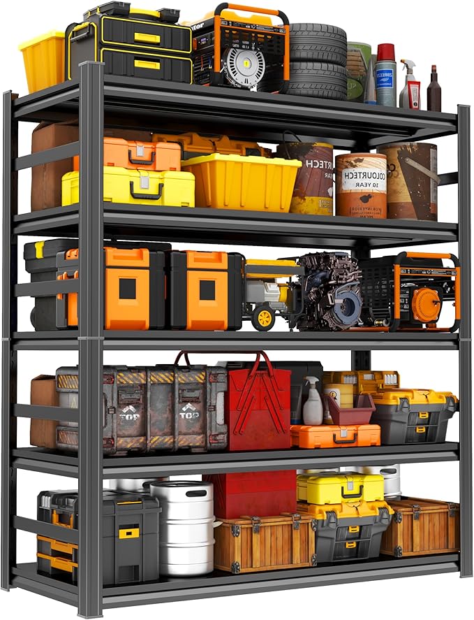 Storage Shelves, Garage Metal Shelving Unit, Adjustable, Double-Layer Column with Reinforced Ribs, Heavy-Duty, Capable of Bearing 600-3600 lbs (Black, 47''W*24''D*63''H, 5-Tier)