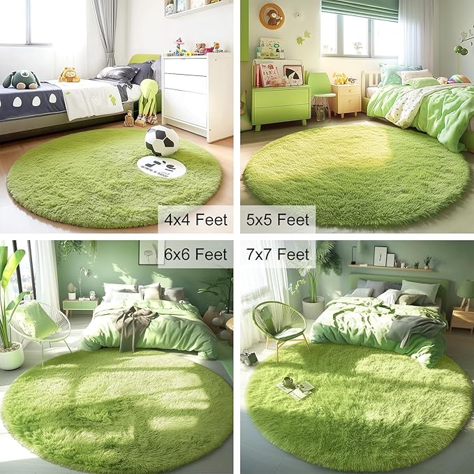 OLANLY Grass Green Round Rugs for Bedroom - Machine Washable, 4 ft Circle Area Rugs for Living Room, Soft and Fluffy Shaggy Carpet for Teen Girls and Boys, Nursery Rooms, Dorms, Home Decor Aesthetic