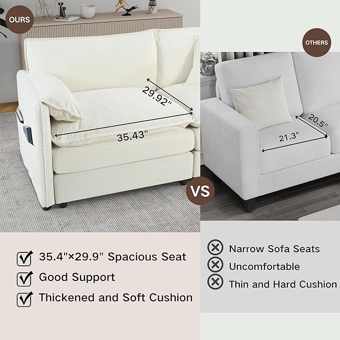 KEIKI Oversized Accent Chair Set of 2, Comfy Chenille Upholstered Armchairs with Side Storage Pockets, Deep Seat Reading Chairs for Living Room, Bedroom, Apartment, Beige