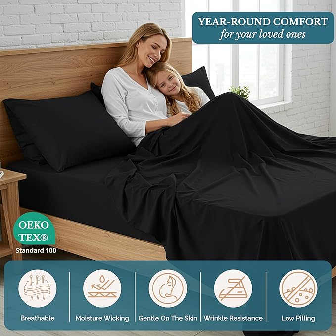 Casa Platino King Bedding Sheet Set – 4 Piece Set, Pre-Washed Brushed Microfiber, Deep Pocket Fitted Sheet for 15" Mattress, Ultra Soft & Breathable Cooling Fabric, Elegant Fit - Black Color