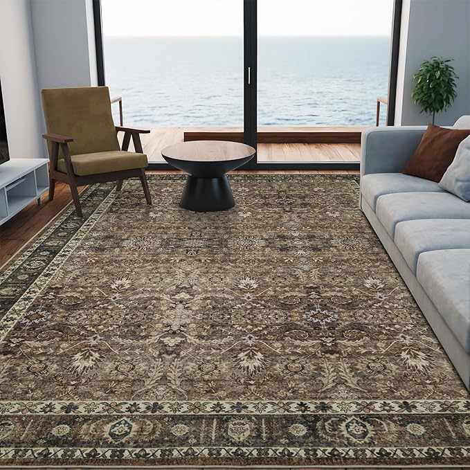 4x6 Vintage Washable Area Rug for Living Room,Low Pile Non Slip Carpet Non-Shedding Small Area Rug Soft Indoor Stain Resistant Rug Floral Print Mat for Bedroom Dining Room Brown Floral