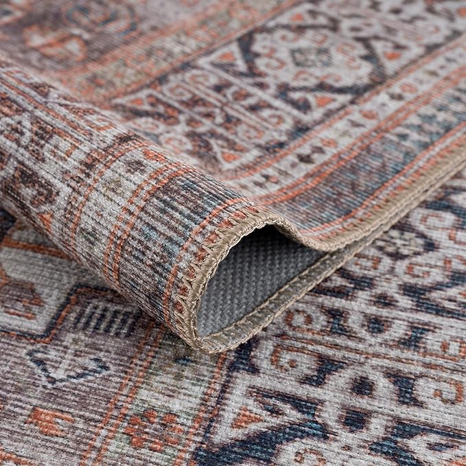 Bloom Rugs Washable 3' x 5' Rug - Brown/Blue/Orange Traditional Area Rug for Living Room, Bedroom, Dining Room, and Kitchen - Exact Size: 3' x 5'