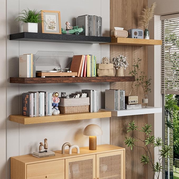 Heimlove 36 Inch Long Floating Shelf for Wall, 12" Deep White Floating Shelves Shelves for Bedroom Living Room Bedroom, Mounted Shelves for Storage Book Decor, Set of 2
