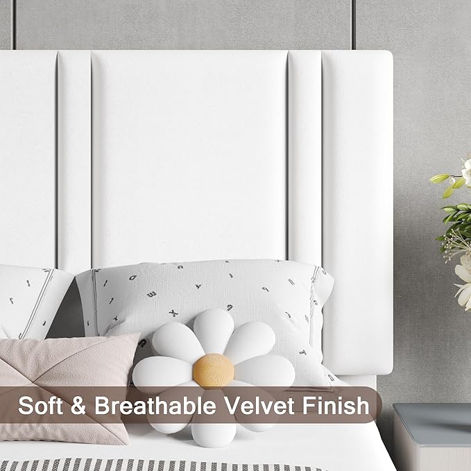 Upholstered Twin Size Bed Frame with Velvet Fabric Headboard, Strong Wooden Slats Support, Noise Free, No Box Spring Needed, White