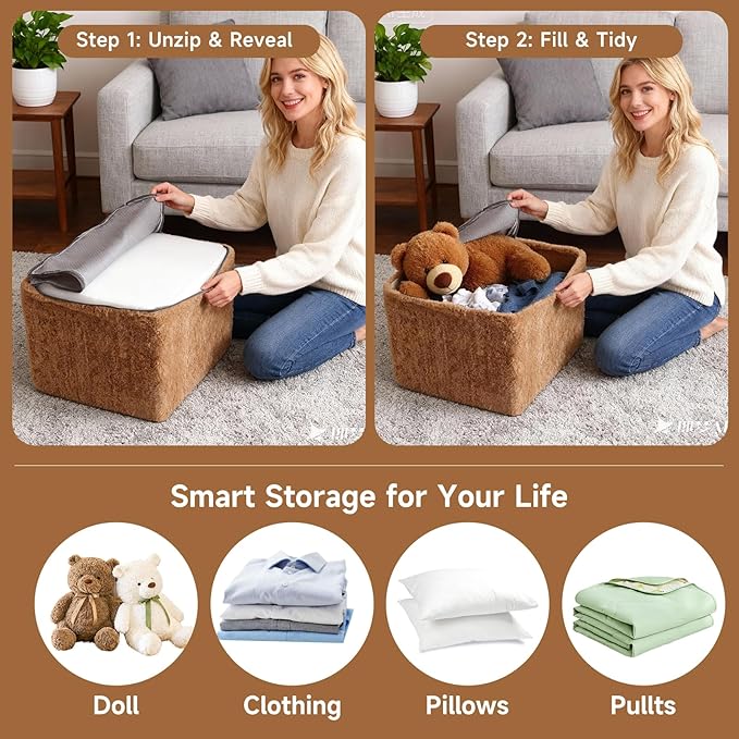 Tiita Pouf Ottoman and Foot Rest, Square Foam Stuffed Floor Pouf with Storag for Living Room, Brown