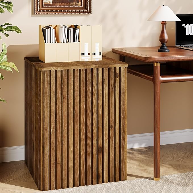 Solid Wood End Table Set of 2, Square Fluted Side Table for Living Room, Farmhouse Bedside Nightstand with Storage and Removable Lid for Bedroom, Small Spaces (2 PCS, Rustic Brown)