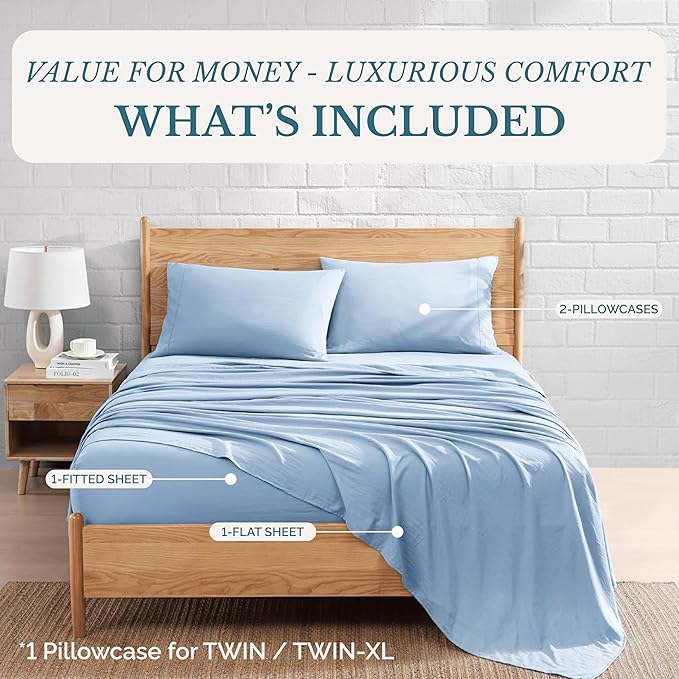 Casa Platino 3 Piece Set Includes Twin Flat Sheet, Fitted Sheet and 1 Pillowcase, Ultra Soft Hydro-Brushed Microfiber, Twin Size Sheets Set with Deep Pockets - French Blue