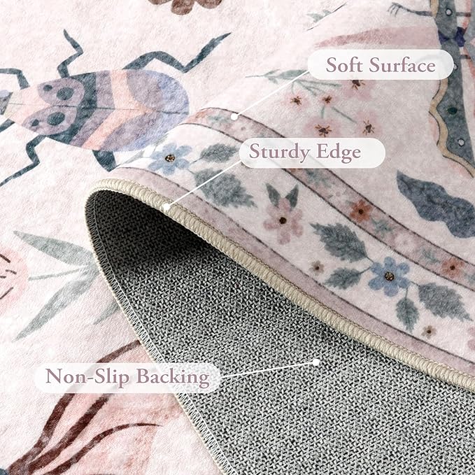 Lahome Insect Print Washable Rugs for Living Room, Soft 6x9 Pink Rug for Bedroom Ultra-Thin Non Slip, Stain Resistant Modern Easy Clean Large Carpet for Dining Room Nursery Classroom(6'x9',Pink)