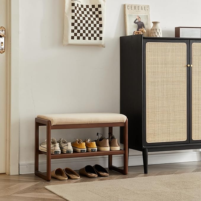 Wood Shoe Bench,2-Tier Storage Bench with Cushion Padded Seat,Entryway Bench with Shoe Storage, Small Bench for Entryway,Living Room