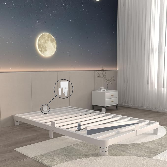 ITIMIDI 4 Inch White Twin Bed Frames, Metal Platform Bed Frame with Metal Gaskets, Heavy Duty Steel Support 3000 LBS, No Box Spring Needed, Anti-Slip Mattress Stopper, Easy Assembly