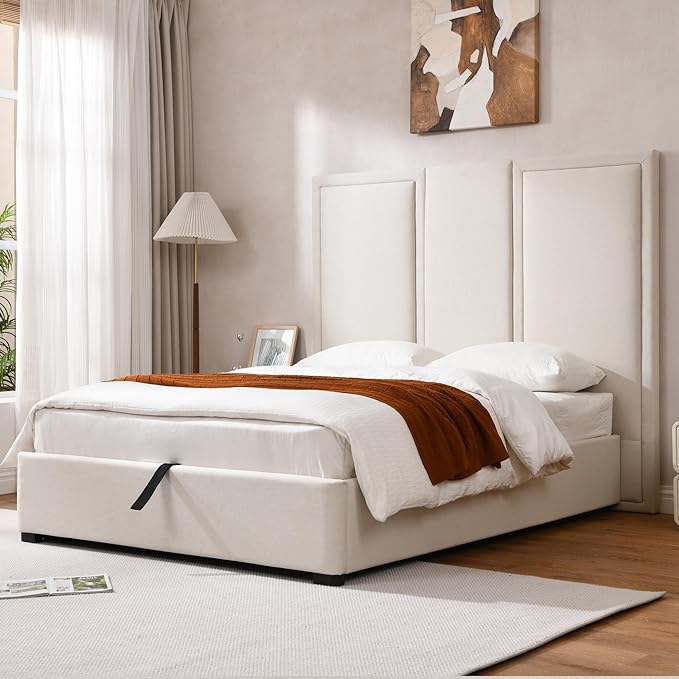 YUHUASHI Queen Size Bed Frame with 64-inch High Headboard, Simple and Airy Linen Upholstered Platform Bed with Storage Drawers, Wood Slat, No Noise (Beige, Queen(Hydraulic Lift))