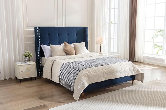 King Size Upholstered Bed Frame, 54" Tall Headboard Platform Bedframes with Nail Head Decorative Wingback, Hand Buttoned Tufting Headboard Beds/No Box Spring Needed/Minimalism, Blue Velvet