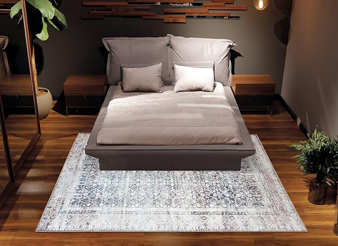 Bloom Rugs Washable Non-Slip 6' x 9' Rug - Tan/Blue/Green Traditional Area Rug for Living Room, Bedroom, Dining Room, and Kitchen - Exact Size: 6' x 9'