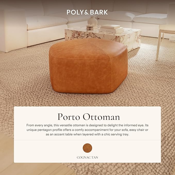 POLY & BARK Porto Ottoman – 37" Pentagon Pouf with Feather-Down Topper – Full-Grain Leather Upholstered Pouf Ottoman for Living Room – Vintage Italian Leather in Cognac Tan