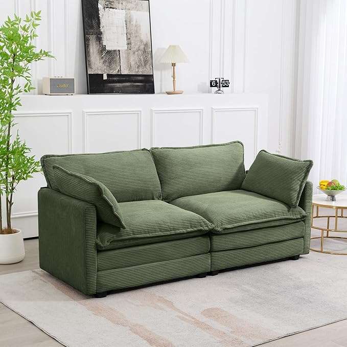 ROWHY Sectional 2 Seat Cloud Loveseat with 2 Throw Pillows, Modern Corduroy Love Seat Sleeper Bed, Convertible Cozy Sofa for Living Room and Office, Green