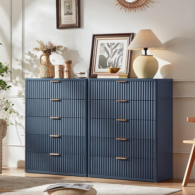 LEYAOYAO Fluted 5 Drawers Dresser Set of 2, 41" Tall Modern Chest of Drawers with Metal Handle, Curved Profile Dresser TV Stand, Wooden Drawer Organizer for Bedroom, Living Room, Hallway, Lightgrey