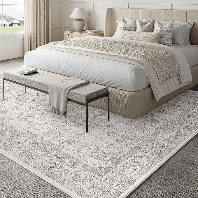 Gray Area Rug 6x9 Machine Washable Vintage Living Room Distressed Non Slip Carpet Traditional Indoor Bedroom Grey Retro Floral Accent Throw Large Rug for Office Kitchen Dining Room