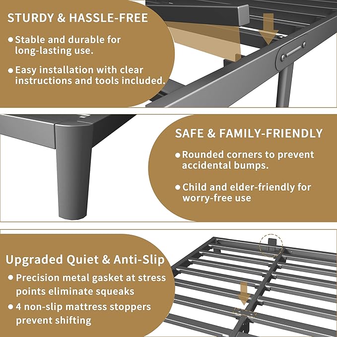 ITIMIDI 4 Inch Full Bed Frame, Platform Bed Frames with Metal Gaskets, No Box Spring Needed, Heavy Duty Steel Slat Support, Anti-Slip Mattress Stopper, Round Corner Leg, Easy Assembly, Black
