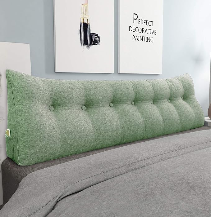 homecozy Wedge Headboard Pillow Dorm Room Reading Pillow Back Support for Sitting Up in Bed Bolster Lumbar Cushion Body Positioning Bedrest Cotton Linen 76in Grass Green King