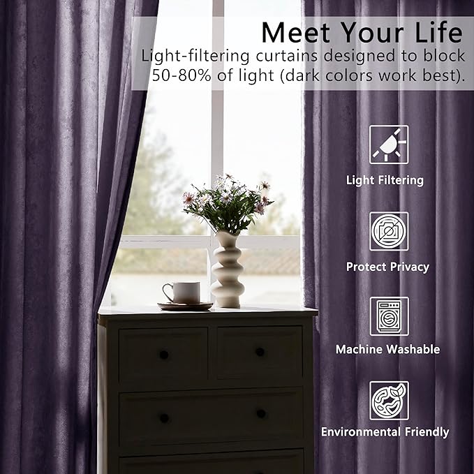 SMILETIME Lilac Purple Crushed Velvet Curtains 52x96inch Rod Pocket Luxurious Thermal Insulated Soundproof Drapes Soft and Durable Light-Filtering Window Treatments for Living Room Bedroom, 2 Panels