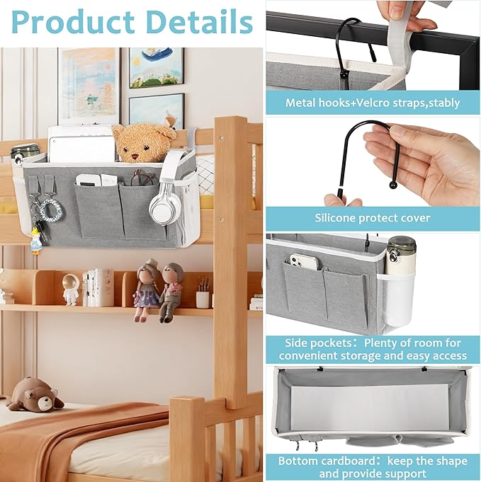 Loghot Bedside Caddy/Bedside Storage Bag Hanging Organizer for Bunk and Hospital Beds,Dorm Rooms Bed Rails,Can be Placed Glasses,Books,Mobile Phones,Keys (2pc Grey)