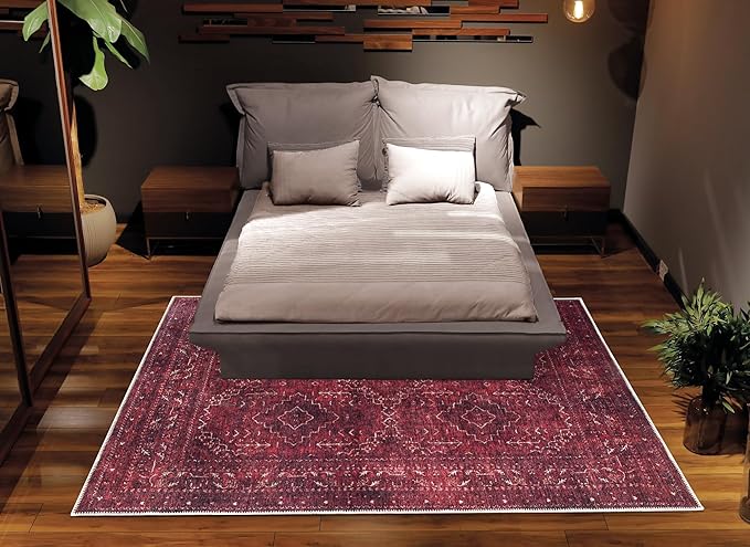 Bloom Rugs Washable Non-Slip 6' x 9' Rug - Dark Red Traditional Bordered Area Rug for Living Room, Bedroom, Dining Room, and Kitchen - Exact Size: 6' x 9'