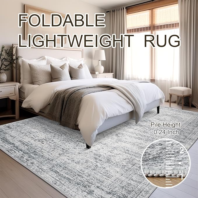 7x9 Area Rug for Living Room Washable Abstract Vintage Soft Thin Indoor Floor Non-Slip Carpet for Bedroom Dining Room Grey